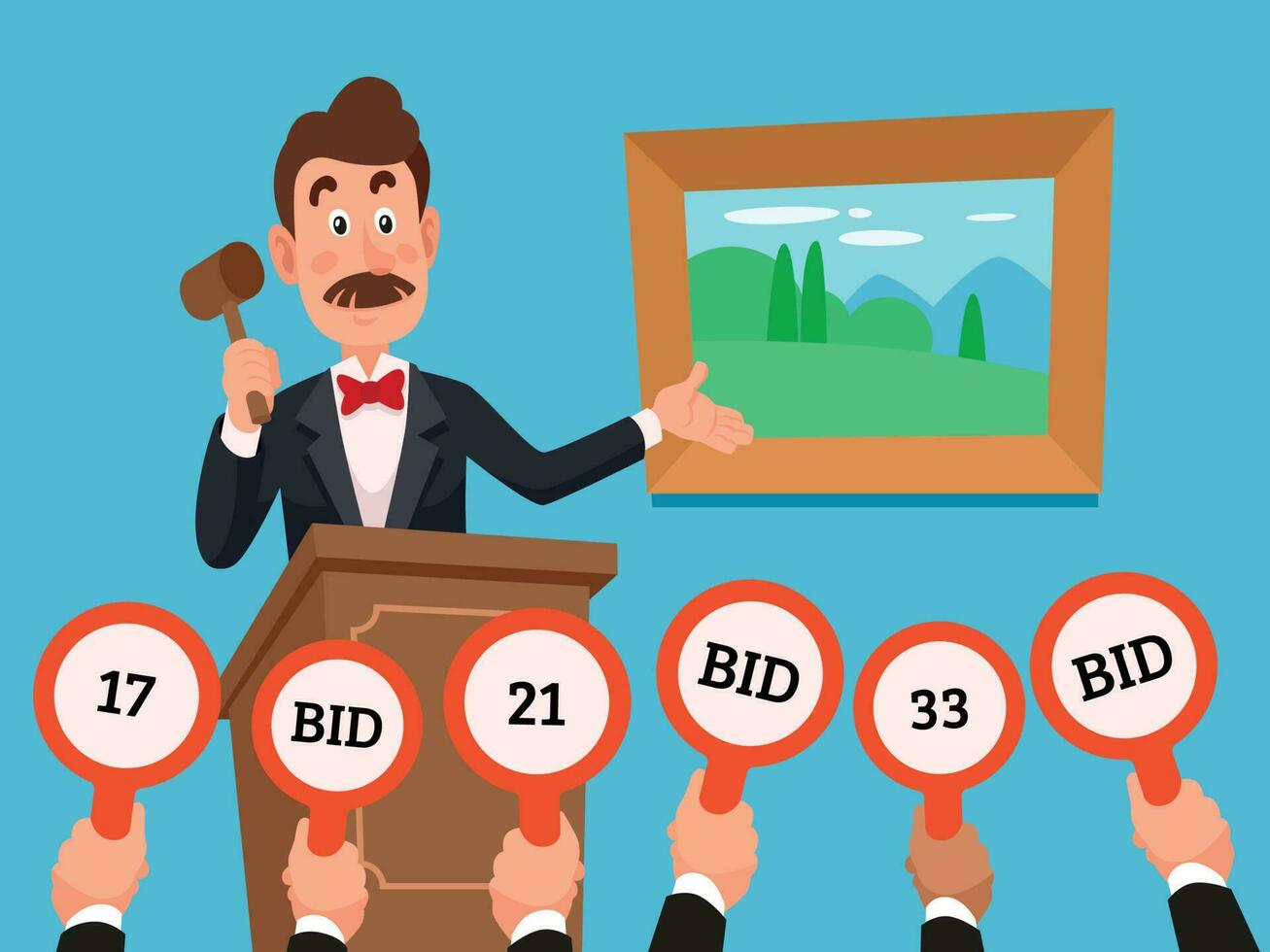 Man on stand leading auction hold gavel. People make bets on auctions bidding by raising bid paddles with numbers vector illustration