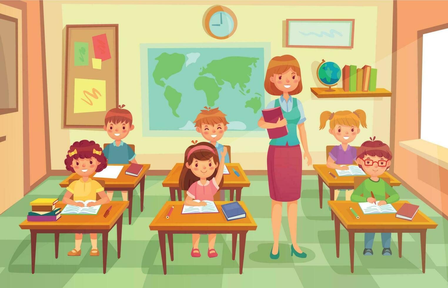 Pupils and teacher in classroom. School pedagogue teach lesson to pupil kids. Schools lessons at class cartoon vector illustration