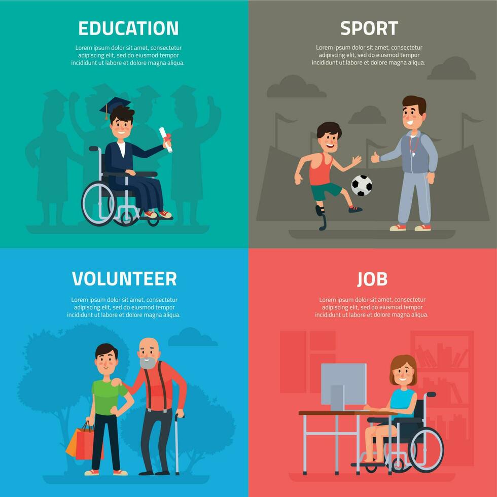 Help disabled persons. Volunteer work, sports and rehabilitation, opportunity of education and job for handicapped person vector set