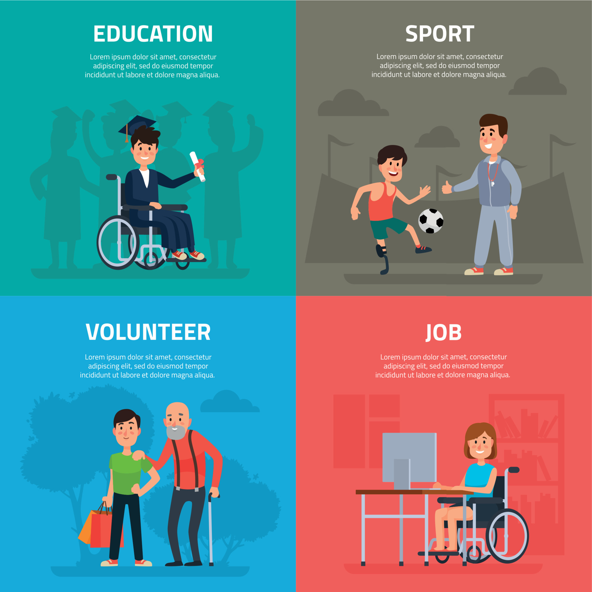 Help disabled persons. Volunteer work, sports and rehabilitation, opportunity of education and