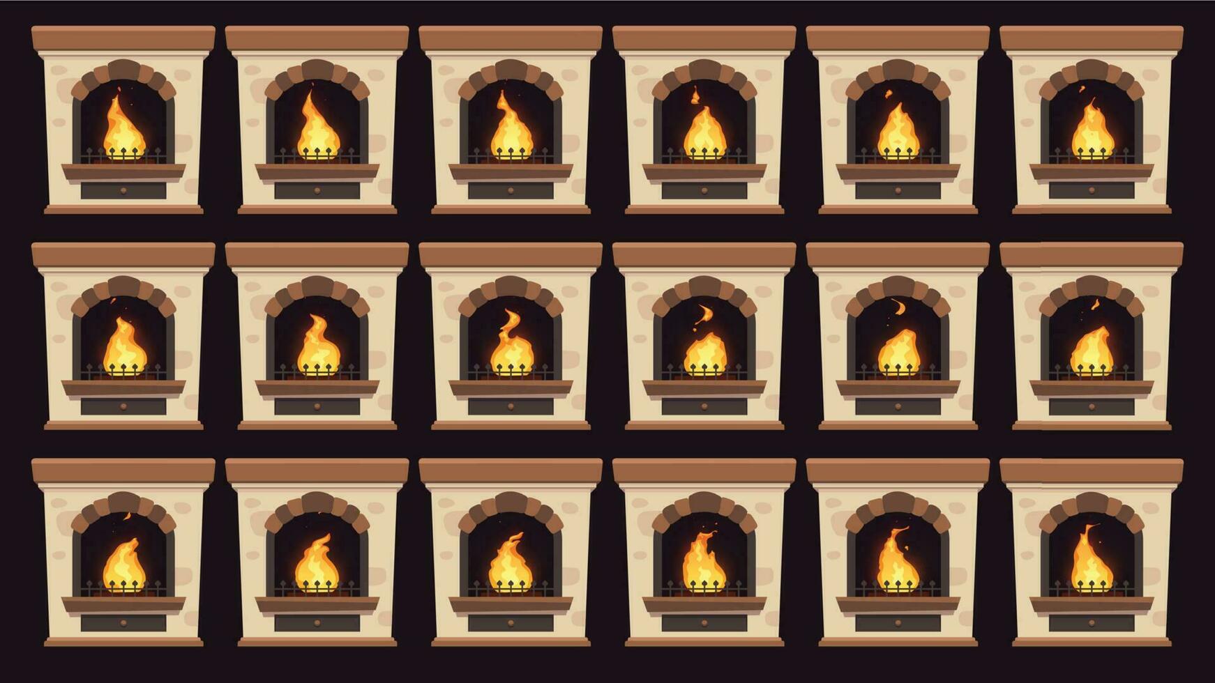 Animated fire in fireplace. Flames animation in retro home wood burning fireplaces isolated vector cartoon frames set