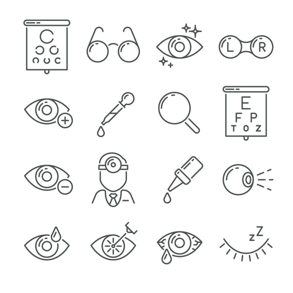 Optometry eyes health and oculist tools. Medical laser eye surgery, eyedropper, eyeball, ophthalmic lenses or glasses line icons set vector