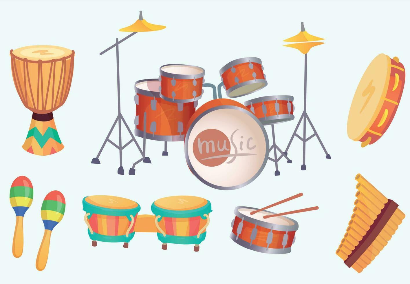 dibujos animados batería. musical tambor instrumentos música instrumento vector aislado colección