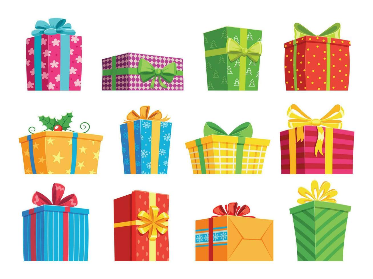 Cartoon gift box. Christmas presents, gifting boxes and present winter holidays gifts. Secret boxing with surprises vector set