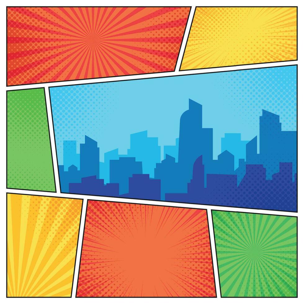 City on comic page. Comics book frames composition on strip halftone background. Cartoon books vector template layout illustration