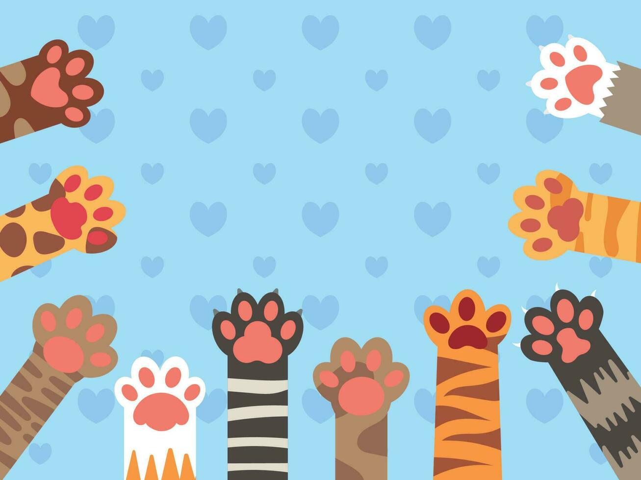 Cat paws. Cute kitten paw, cats claws and funny domestic pets vector background illustration