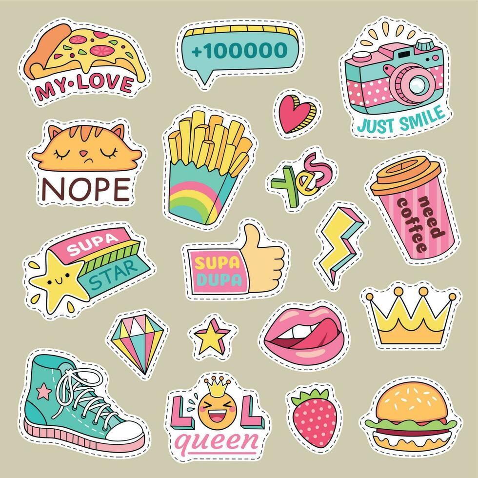 Fashioned girl badges, cute stripes and cartoon patches. Teenage badge with fashion sneakers, food and camera vector isolated stickers