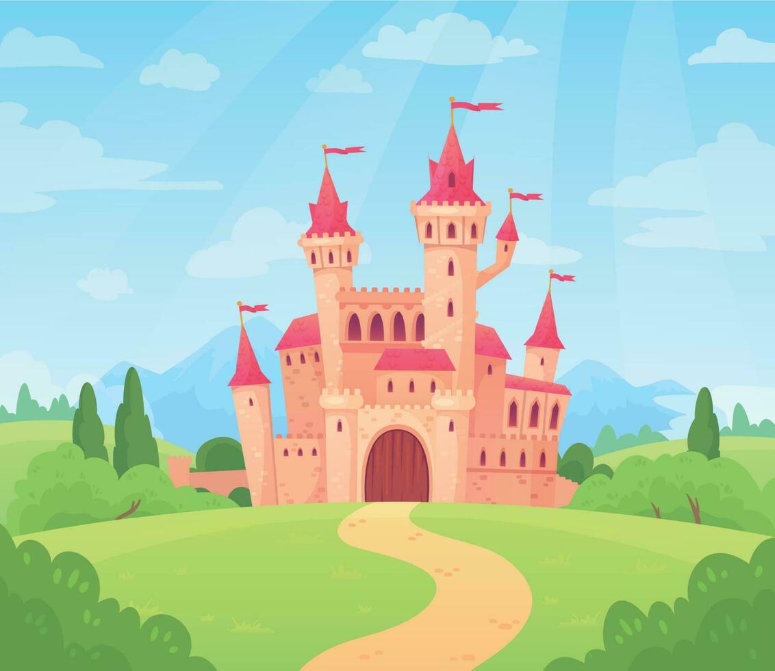 cuento de hadas paisaje con castillo. fantasía palacio torre, fantástico hada casa o magia castillos Reino dibujos animados vector antecedentes