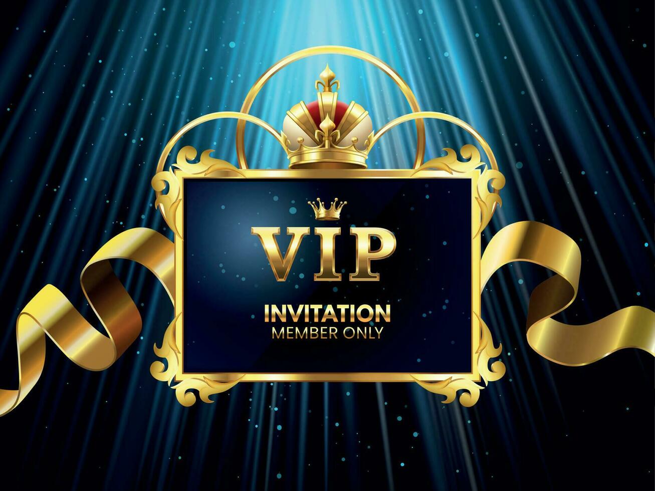 VIP invitación tarjeta. glamour celebracion fiesta invitar elegante dorado corona en oro marco para lujo aniversario tarjetas vector concepto