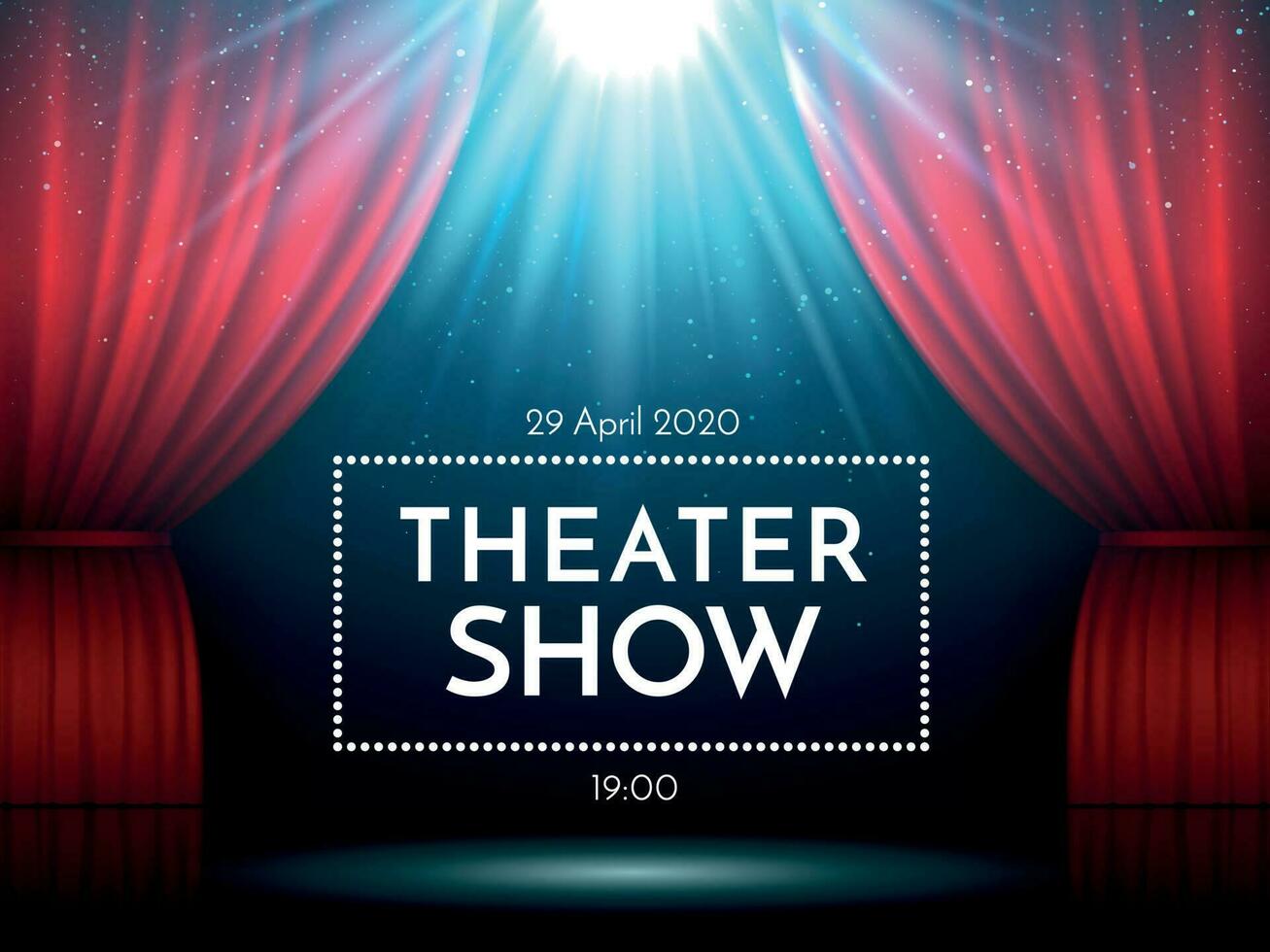 Open red curtains on stage illuminated by spotlight. Dramatic theater or opera show scene. Performance showtime billboard. Entertainment vector background