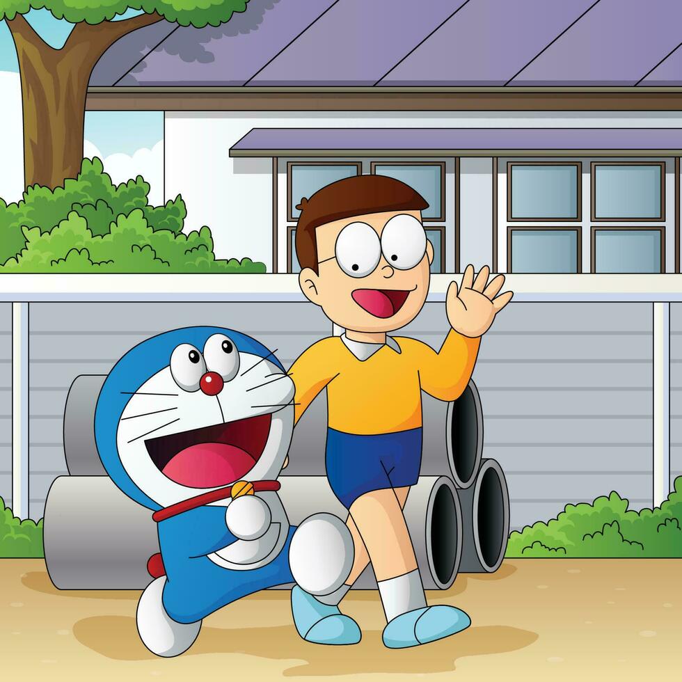 A Boy and Robo Cat Walking Concept vector