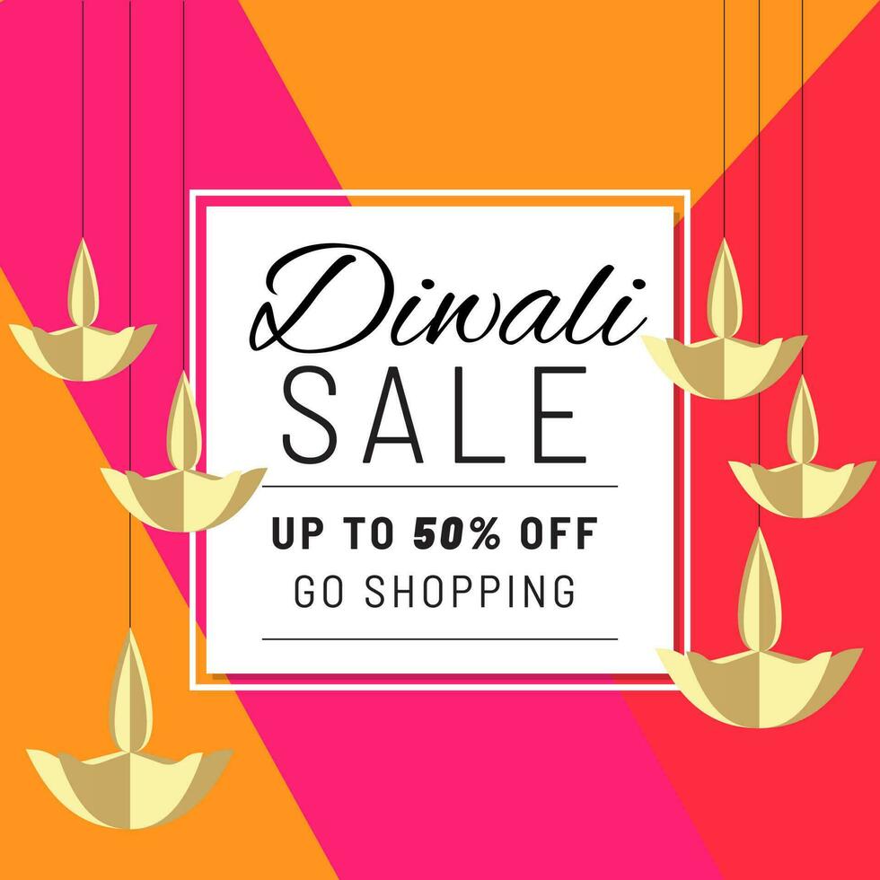 Diwali Sale poster or template design with discount offer and paper cut hanging oil lamp decorated on colourful background. vector