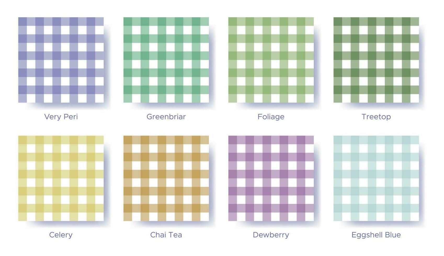 Gingham seamless pattern set in the color of 2022 Very Peri. Sample color guide palette catalog of swatches. Matching shades for fashion trends - spring vichy. Vector illustration