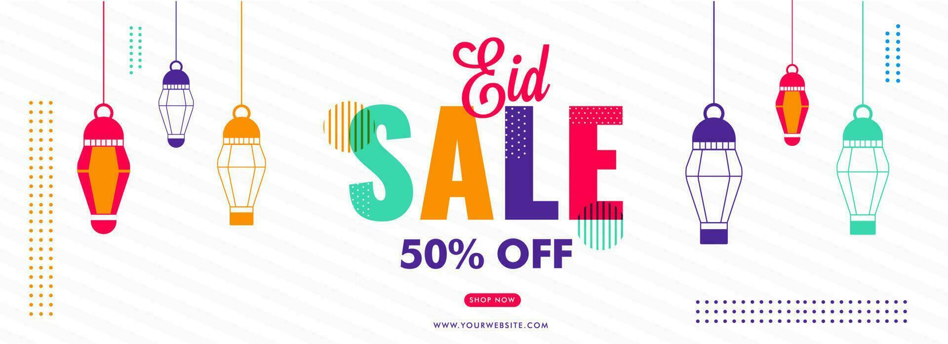 Website header or banner design decorated with hanging colourful lanterns and discount offer for Eid Sale. vector