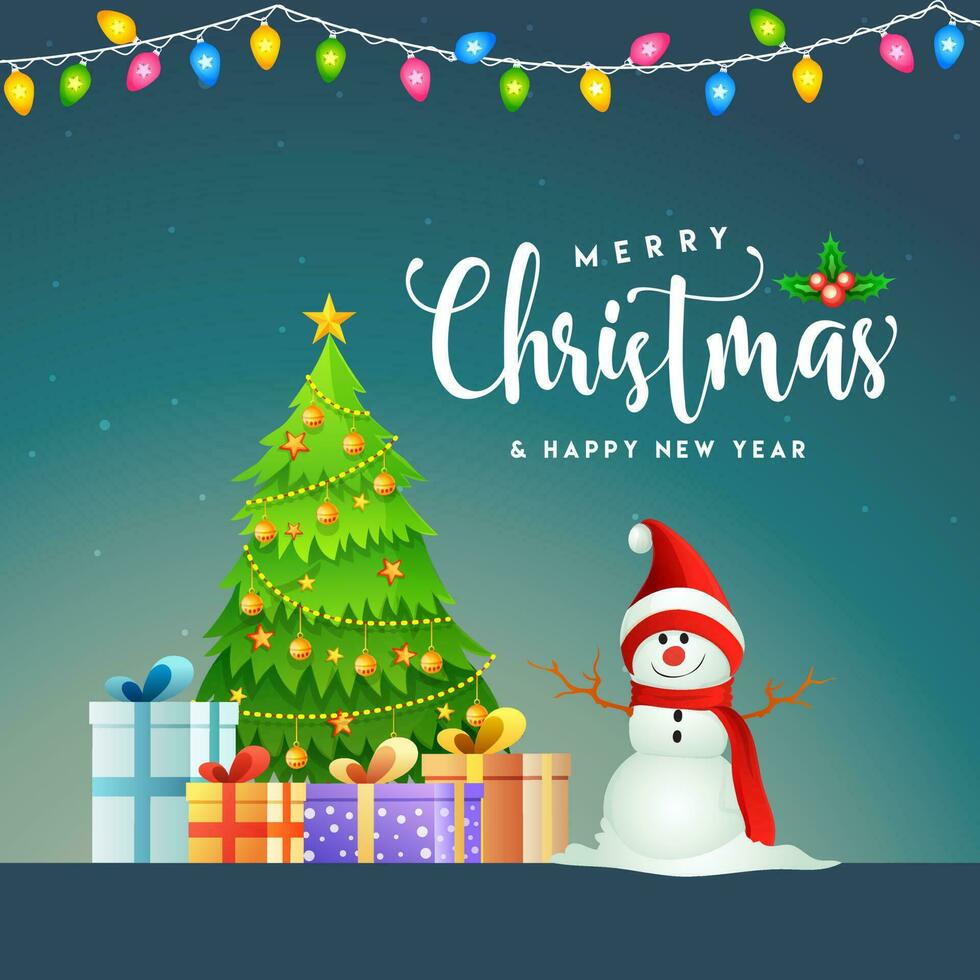 Greeting card or poster design with decorative xmas tree, gift boxes and snowman for Merry Christmas and Happy New Year celebration. vector