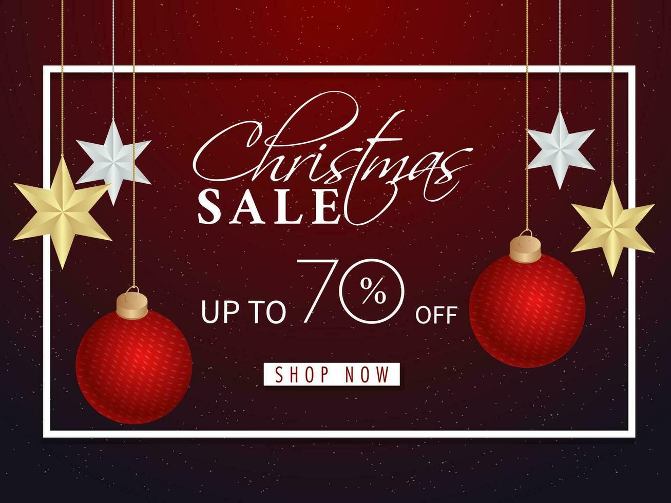 Christmas Sale banner or poster design with discount offer, bauble balls and stars hang decorated on brown background. vector