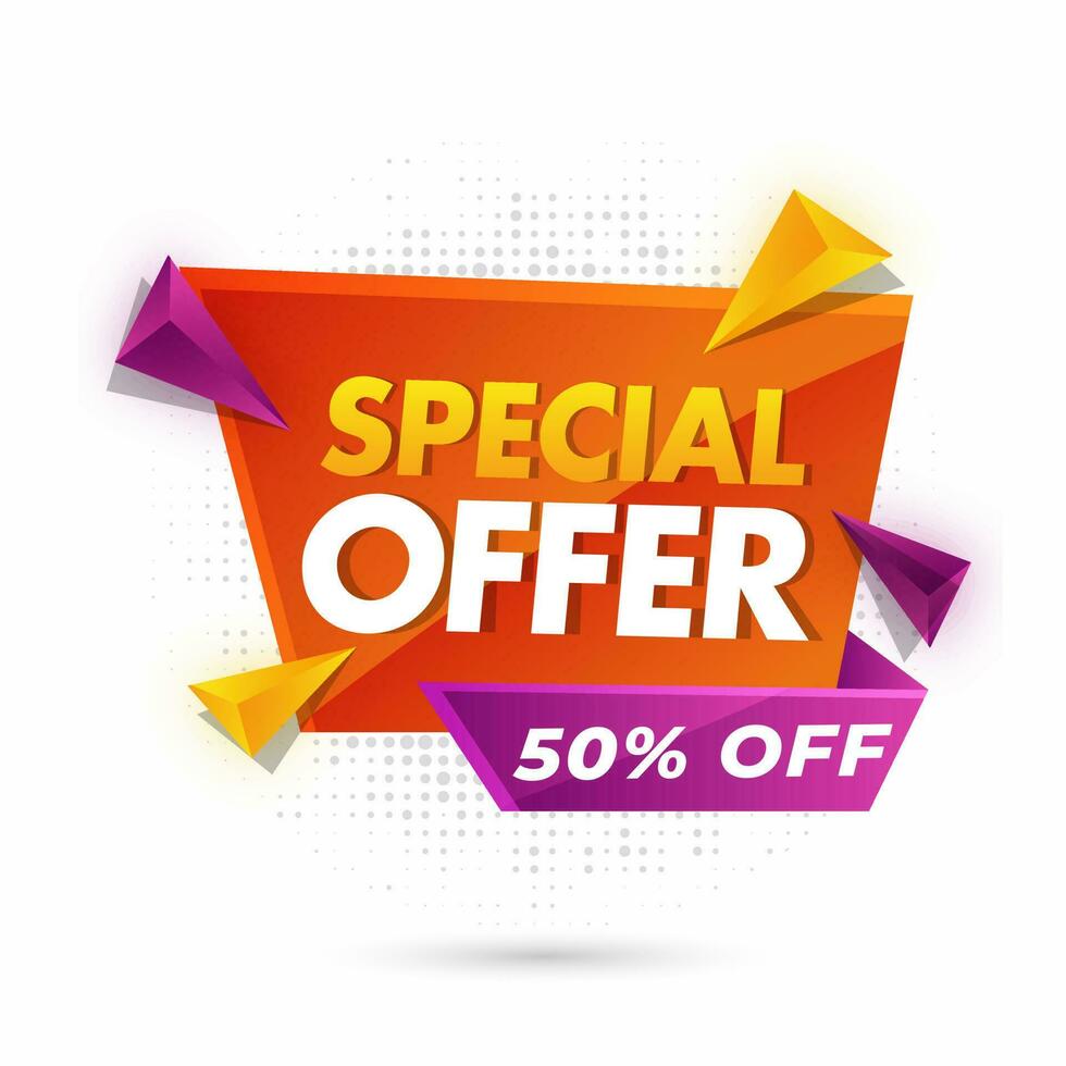 Special offer sale label or ribbon decorated with 3d geometric elements and discount off on white background. vector