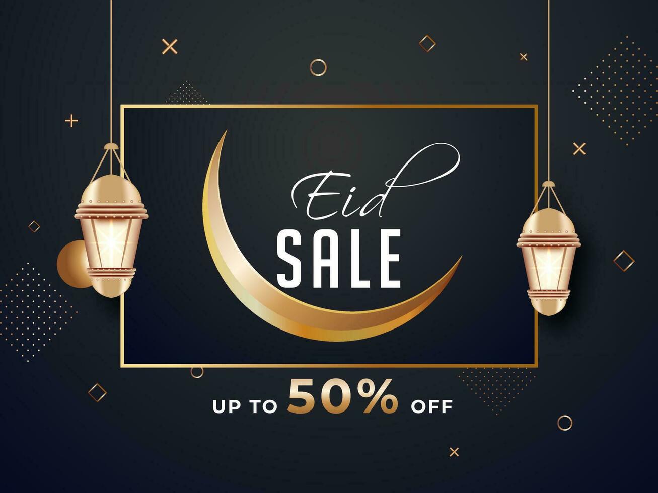 Eid Sale banner or poster design with discount offer, crescent moon and hanging illuminated lanterns on black abstract background. vector