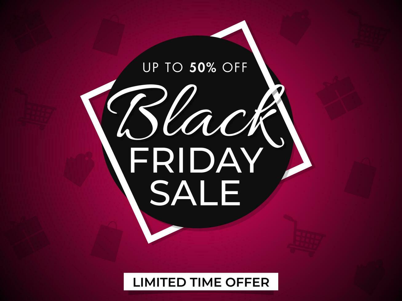 Black Friday Sale banner or poster design with discount offer on pink shopping pattern background. vector