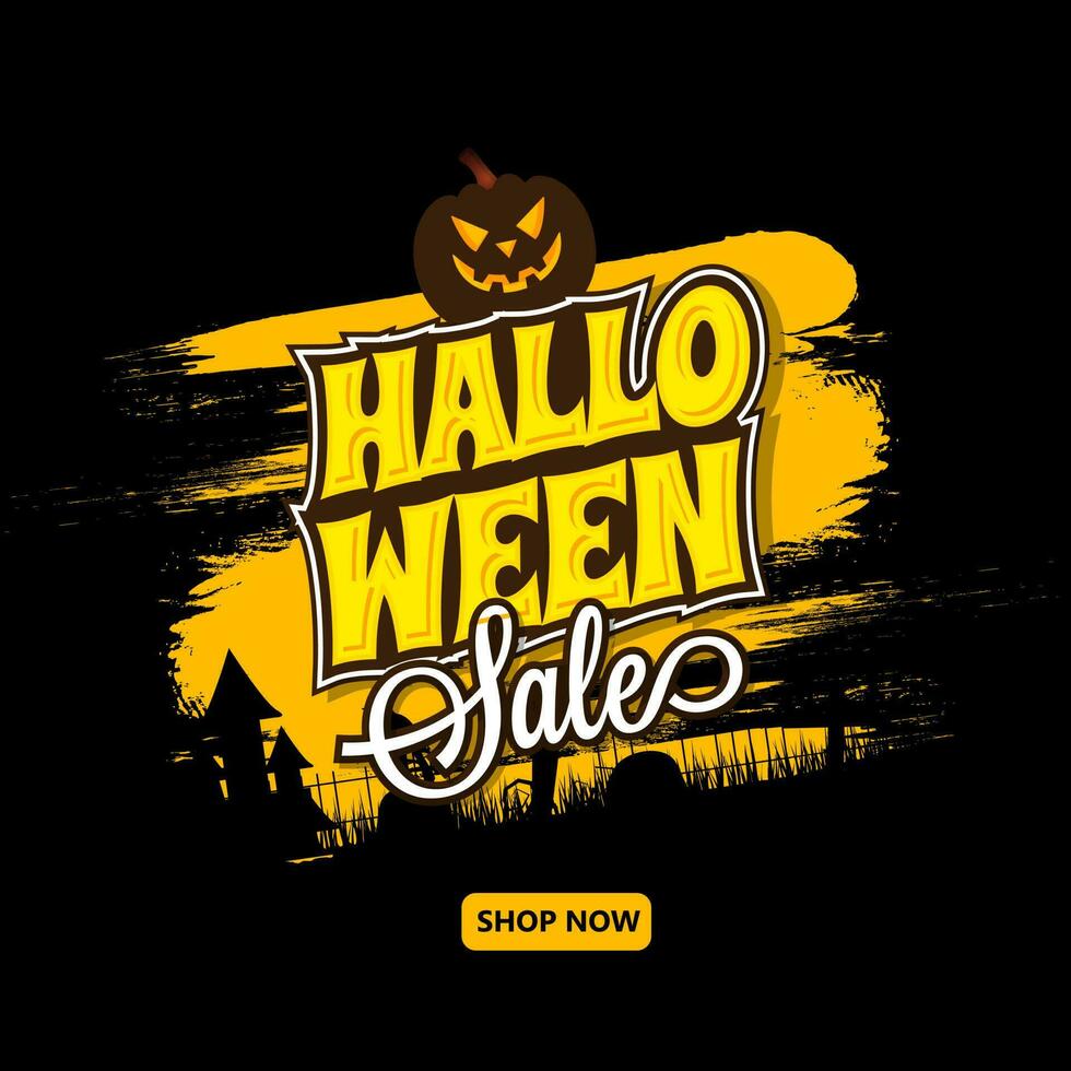 publicidad póster o modelo diseño con Jack-o-lantern en cepillo carrera efecto cementerio antecedentes para Víspera de Todos los Santos venta. vector