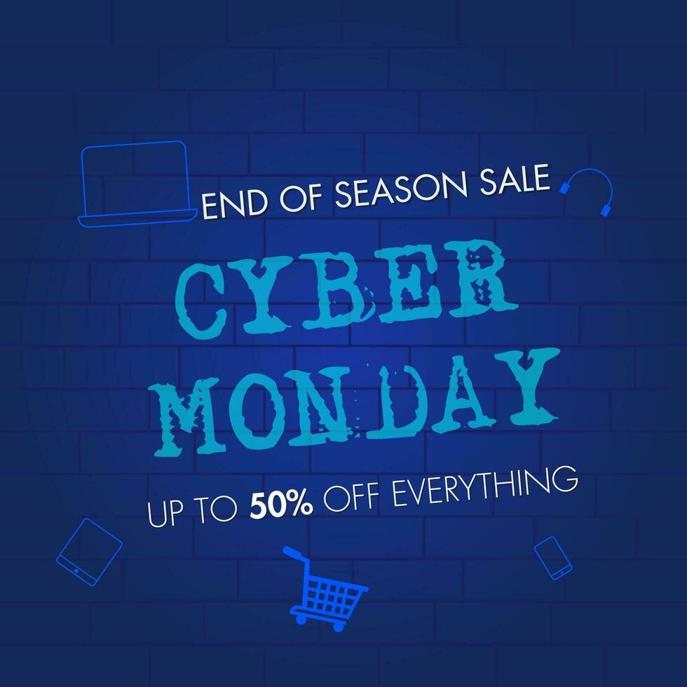 End of season sale poster or template design with shopping elements and discount offer on blue brick wall background for Cyber Monday. vector