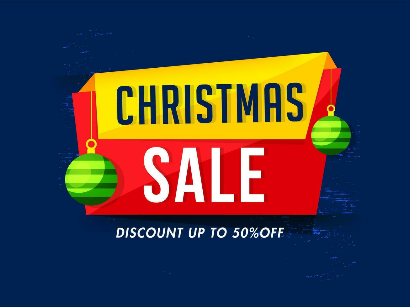 Christmas Sale label, banner or poster design with discount offer and hanging baubles on blue background. vector