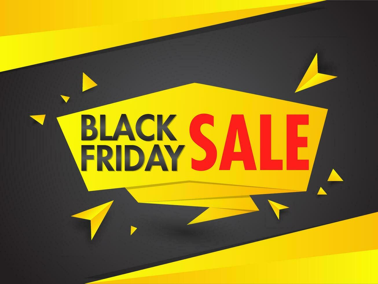 Black Friday Sale ribbon or poster design with geometric elements on grey and yellow background. vector
