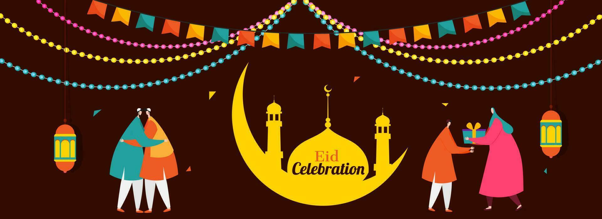 Beautiful poster and banner design with illustration of young men and women hugging each other and giving gift in occasion of Islamic Festival Eid Mubarak. vector