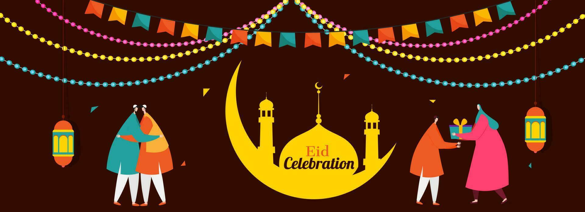 hermosa póster y bandera diseño con ilustración de joven hombres y mujer abrazando cada otro y dando regalo en ocasión de islámico festival eid mubarak. vector