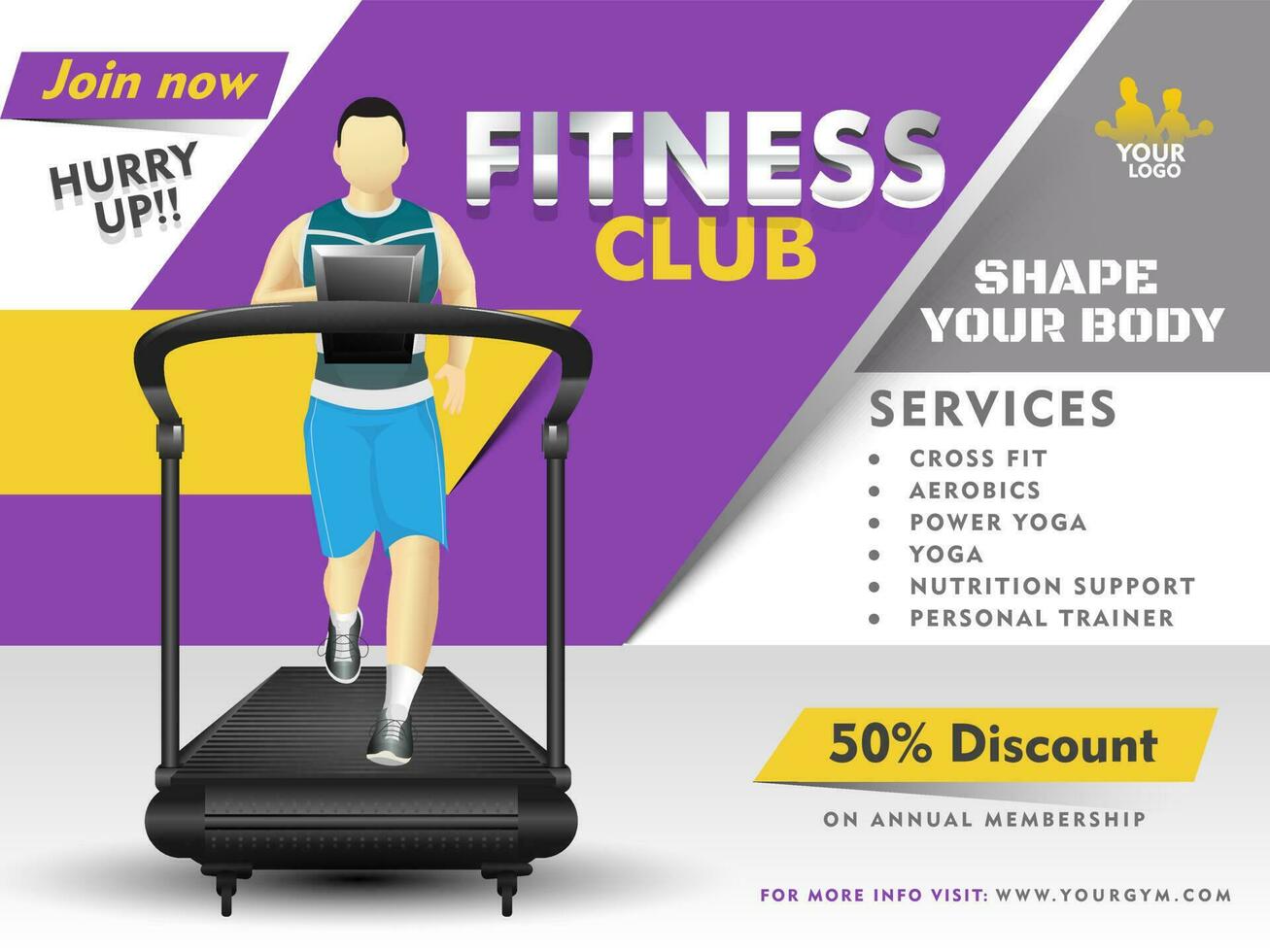 Vector illustration of man walking on treadmill machine for Fitness Club banner or poster design with discount offer on abstract background and and exercise time, other detail.