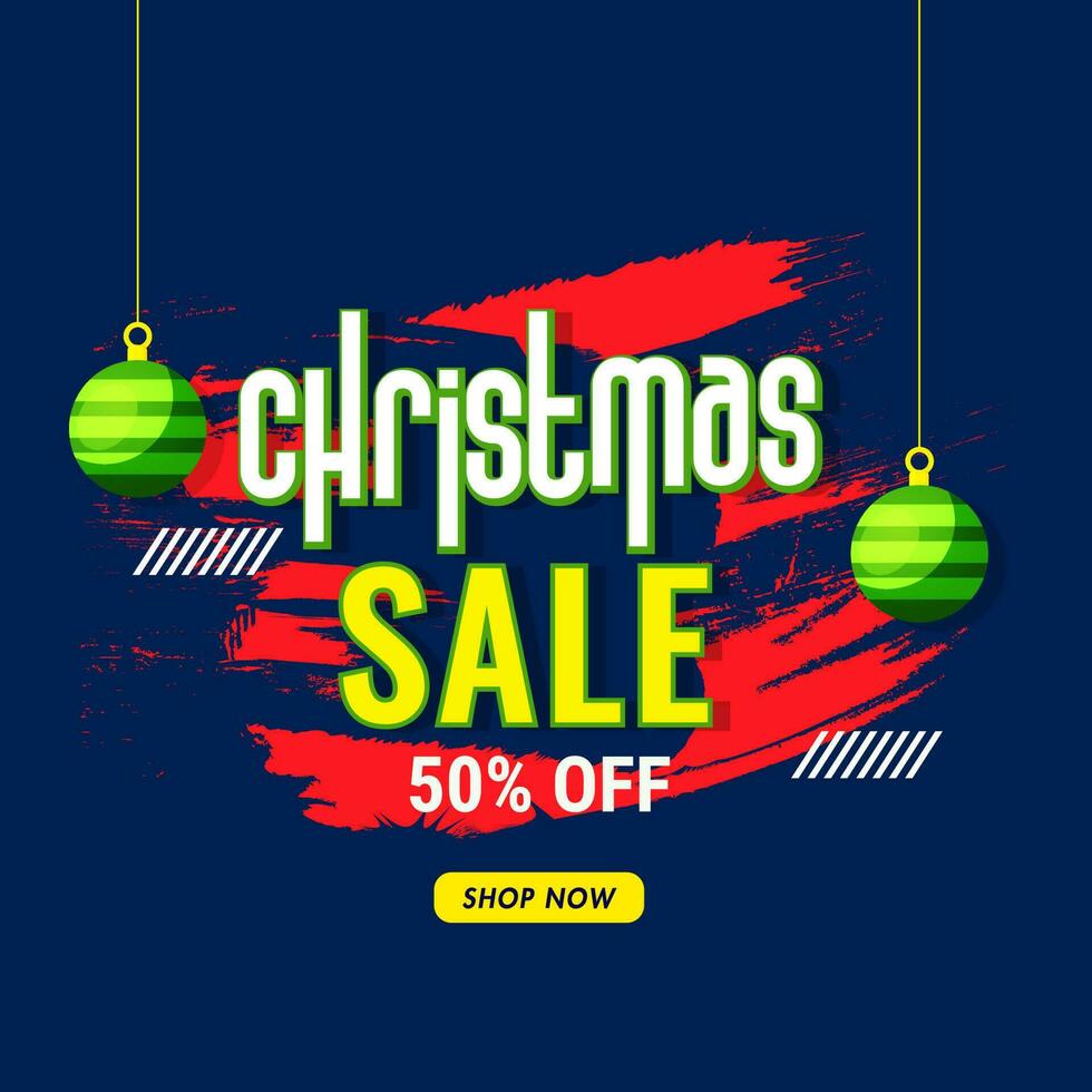 Advertising poster or template design decorated with hanging baubles and discount offer for Christmas Sale. vector