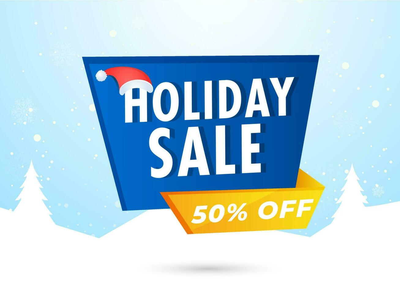 Holiday Sale banner or poster design with santa hat and discount offer on snowy landscape background. vector