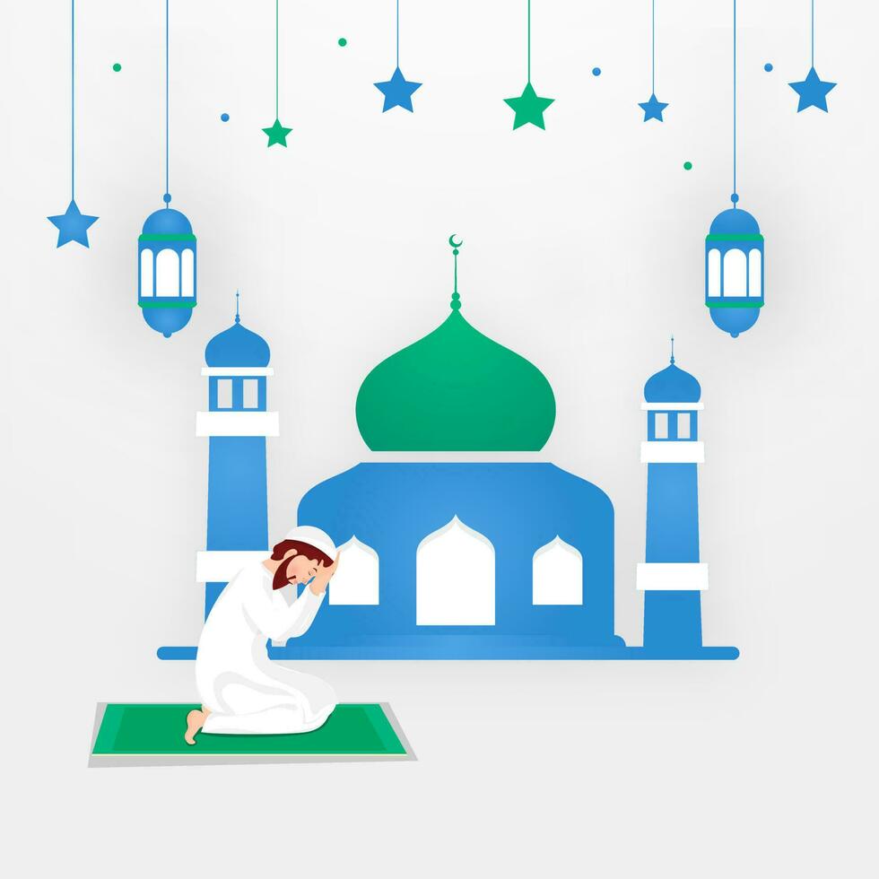 Religious Muslim man praying in front of mosque on white background for Eid Mubarak Celebration. Space for your text. vector