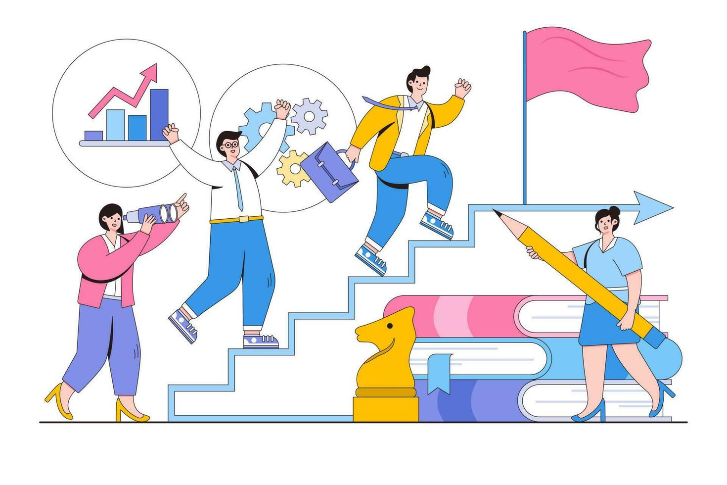 Vector illustration of businessman running up the stairs to the goal, teamwork, career planning and career development