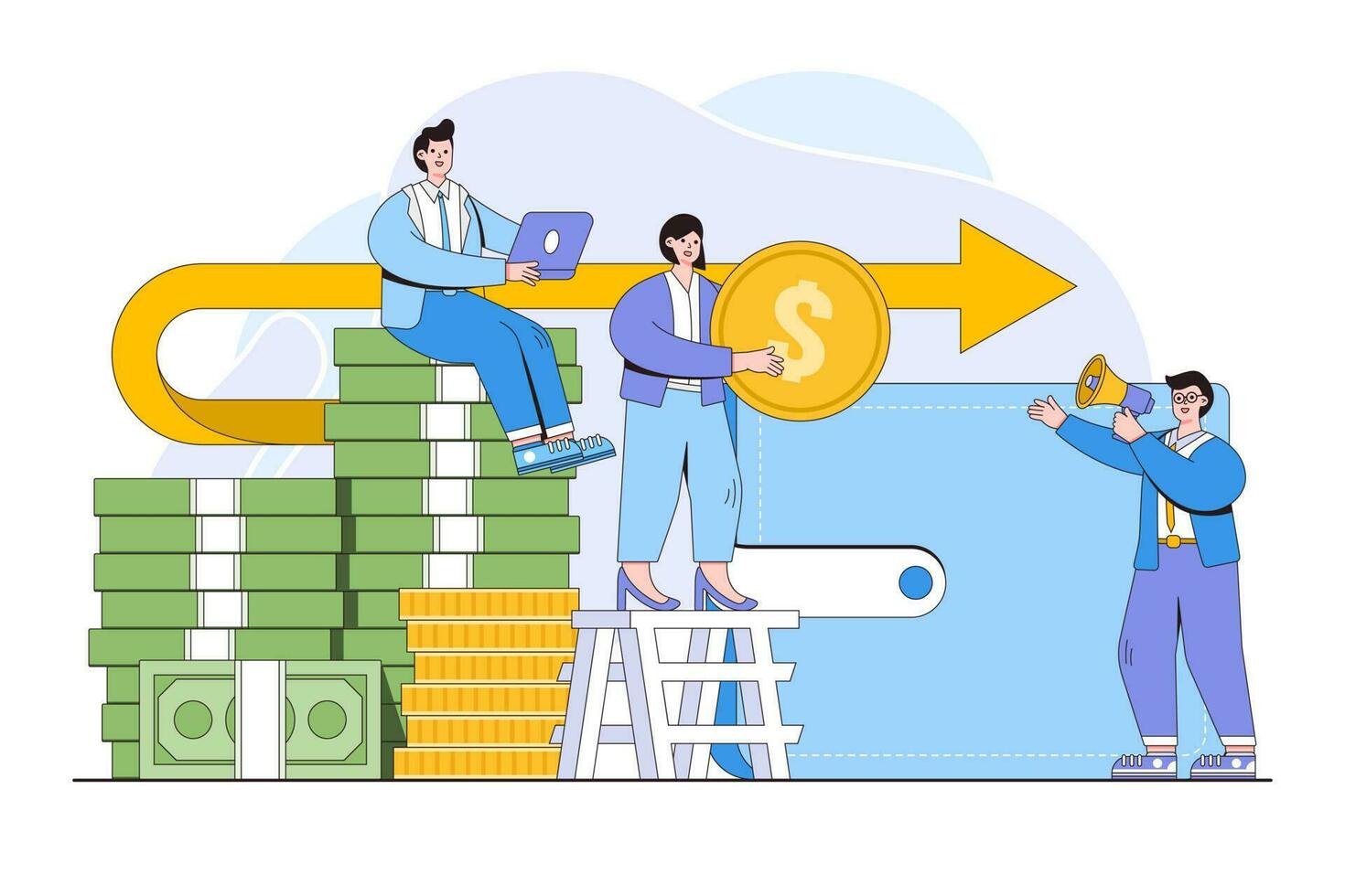 Vector illustration of financial transactions, money back, investment, currency exchange and savings account with people characters