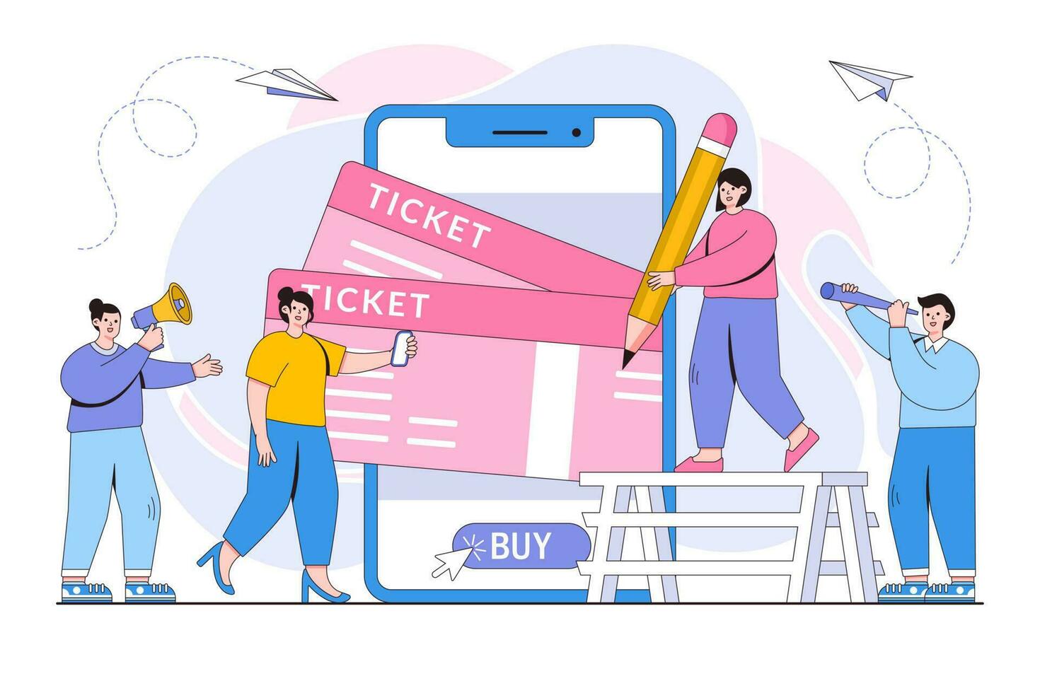 vector ilustración de comprando Entradas en línea mediante teléfono inteligente y impreso calendario Entradas desde el teléfono con personas caracteres