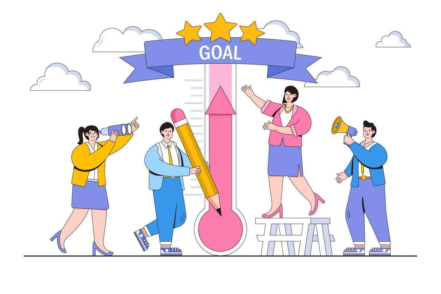 Vector illustration of business people characters measure how many have reached the goal with thermometer red goal