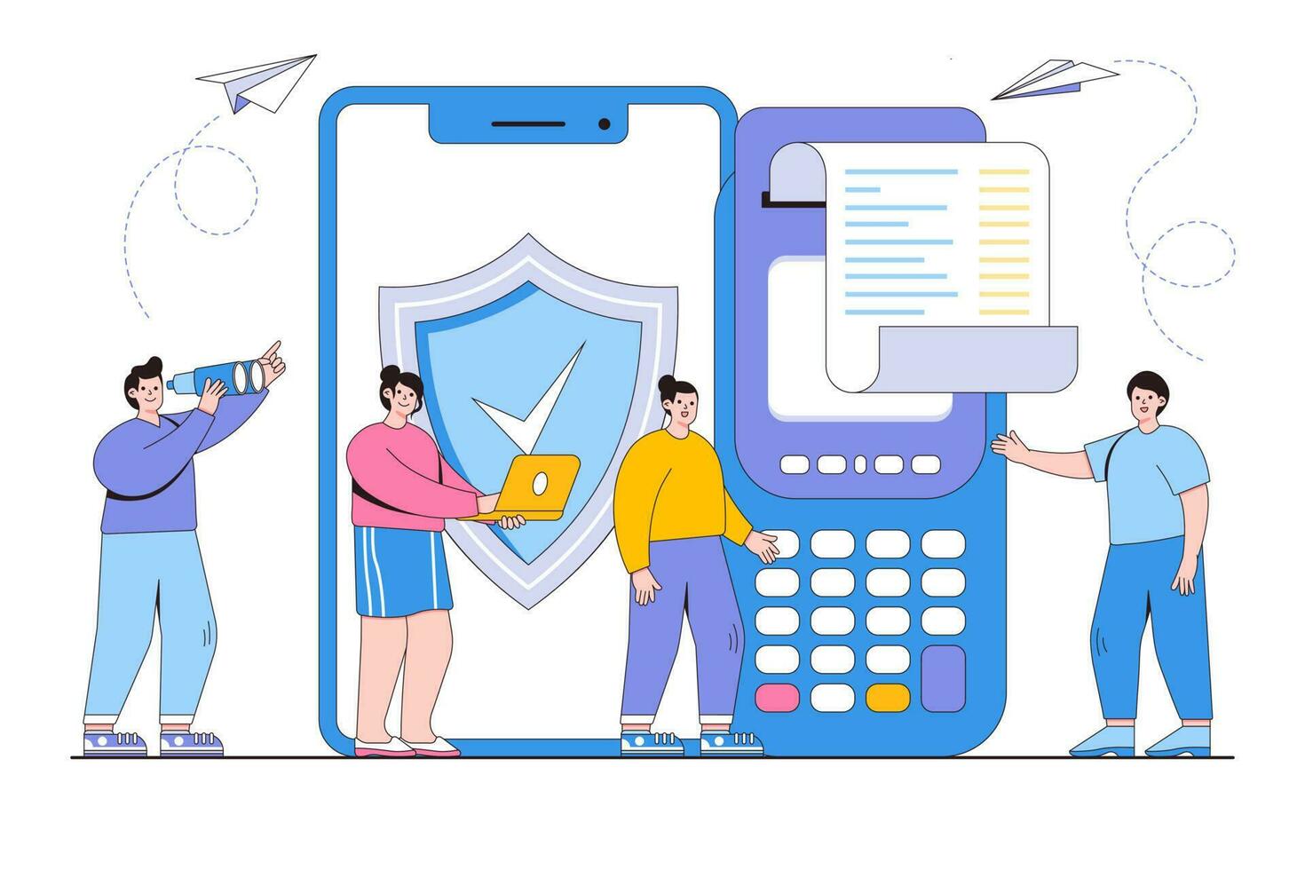 Vector illustration of people characters pay bills via terminal, contactless payment with POS terminal and mobile phone