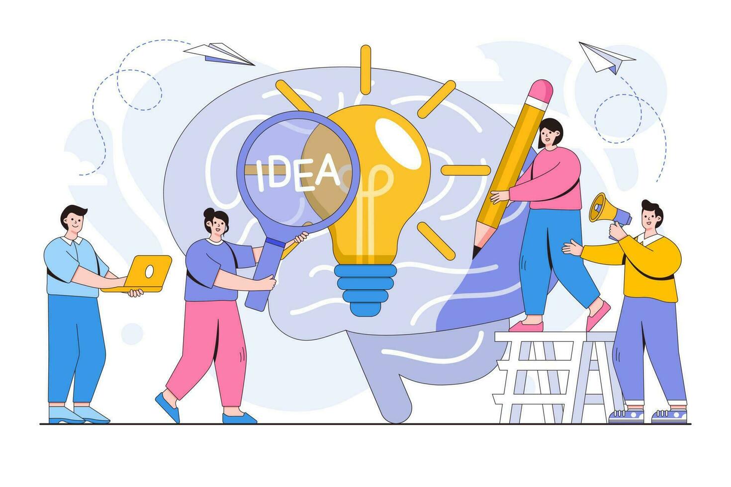Vector illustration of searching for new ideas solutions, working together in the company and brainstorming with people characters