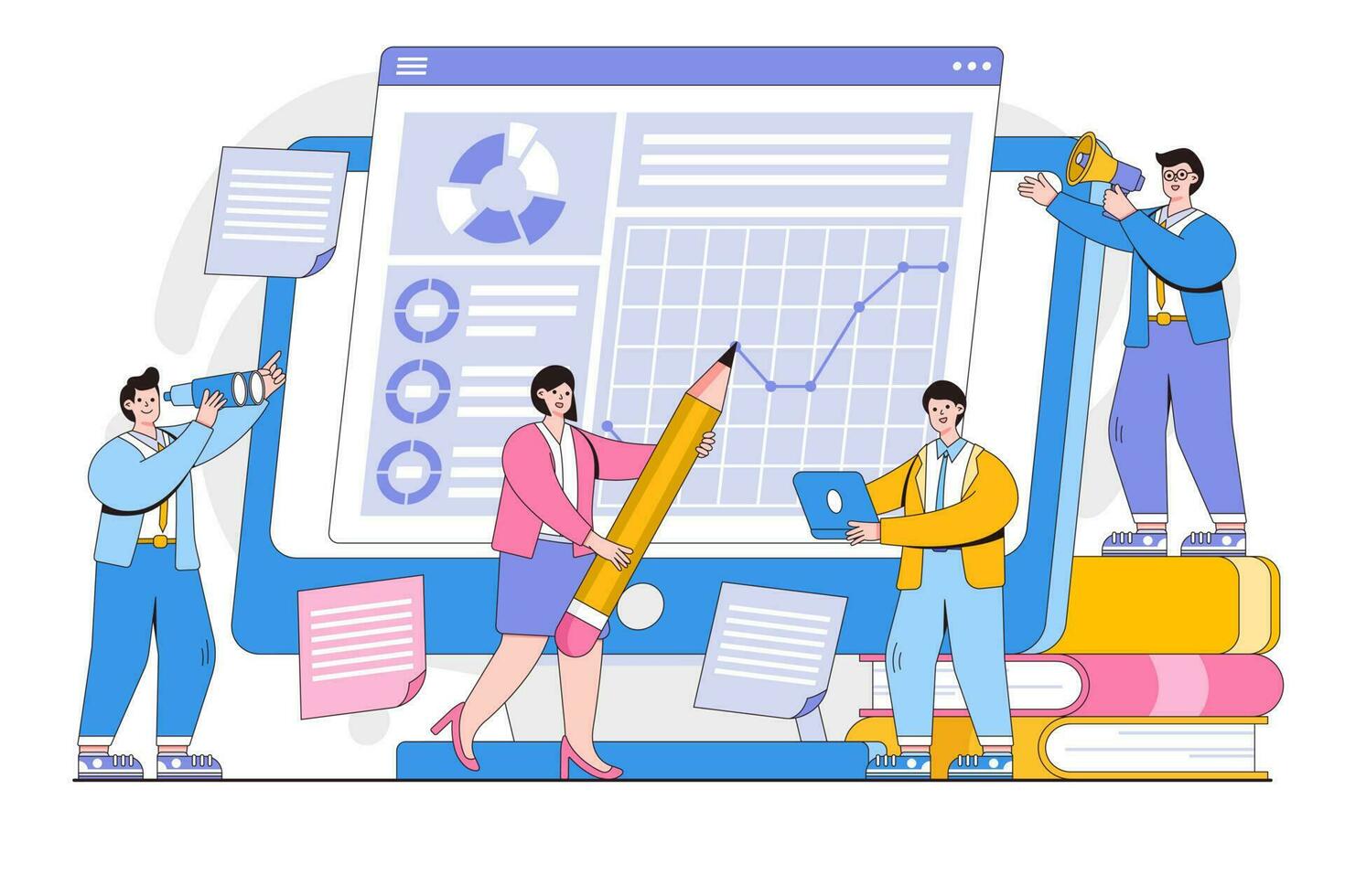 Vector illustration of success, reach a goal, employees study infographics, analyze evolutionary scale and online training with business people characters