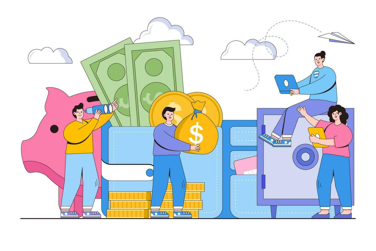 Vector illustration of saving or accumulating money with large piggy bank, open purse, brankas and people characters