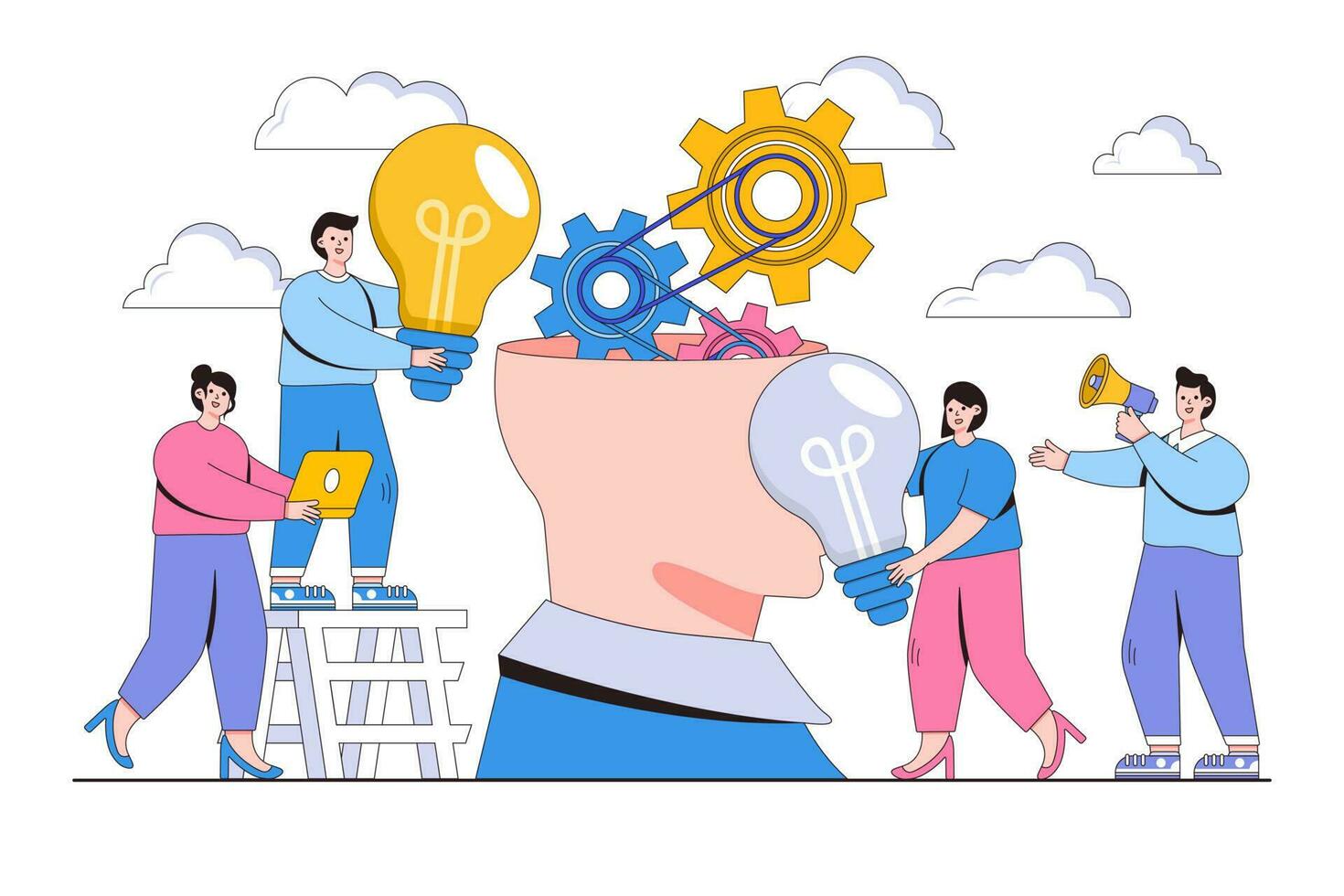 Vector illustration of company is engaged in joint search for ideas, replacing person's head thought with new
