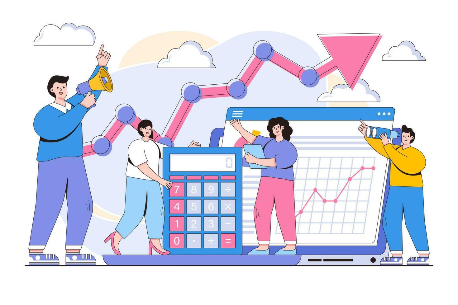 Vector illustration of business promotion, take-off on the career ladder, data analysis and investment infographics overview with people characters