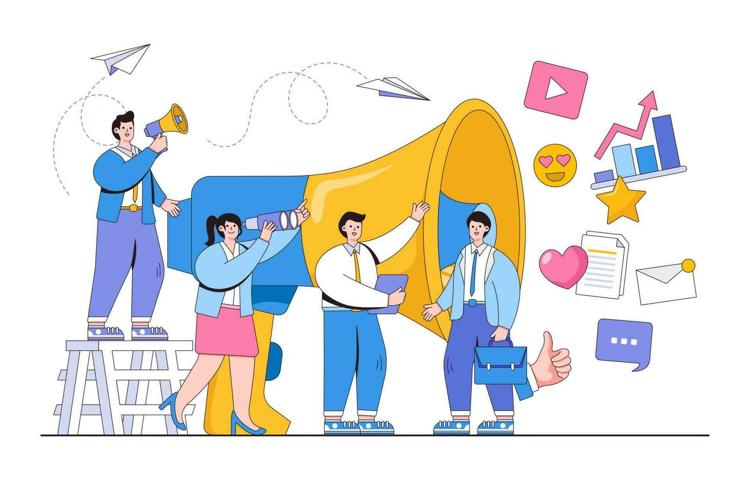 Vector illustration of business promotion, advertising, call through the big megaphone, online alerting with people characters