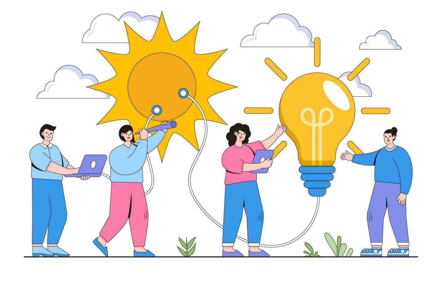 Vector illustration of alternative renewable energy sources, technological solar panels, and large light bulb is recharged from the sun with people characters