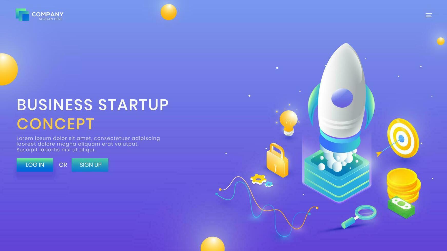 Business Startup website template design, 3d illustration of company launching new project with business element like as money, target board, lock and idea growth concept. vector