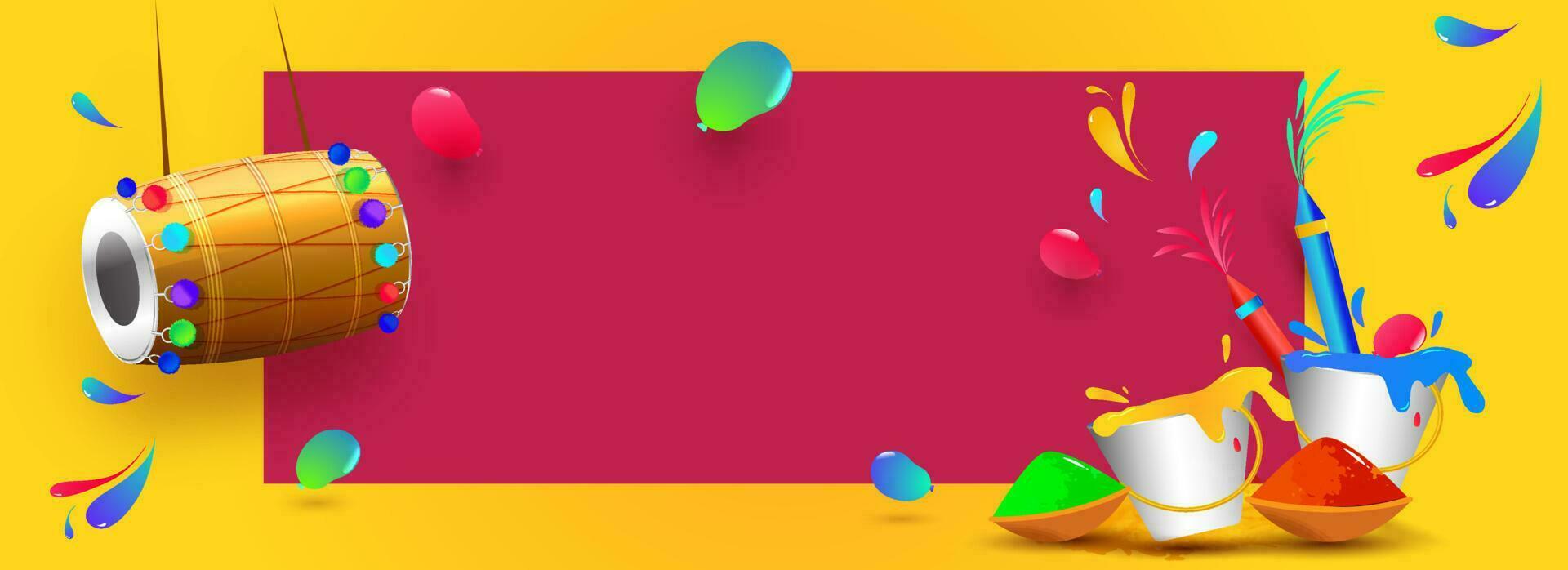 Happy holi header or banner design with color buckets and hanging Drum on yellow background with space for your text. vector