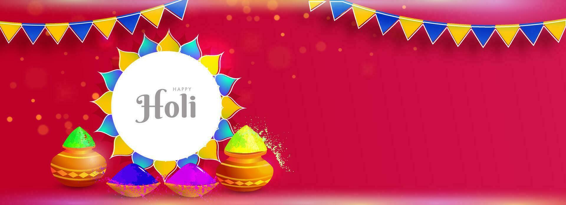 Happy Holi header or banner design with color pots on pink background decorated with party flags. vector