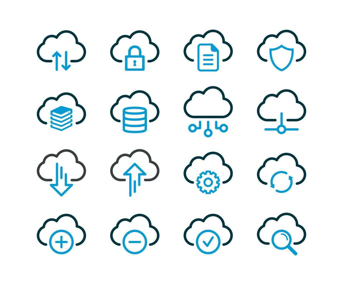 Computer Cloud Icons Set Vector. Cloud service and technology line icons. Cloud network and data vector linear icon set.
