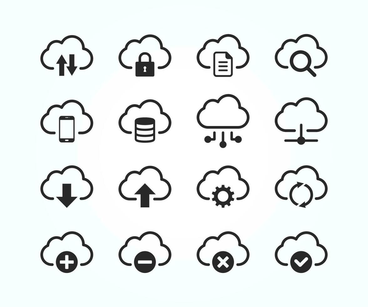 Computer cloud and Cloud Hosting related line icons. Cloud storage and Network Vector icon set.